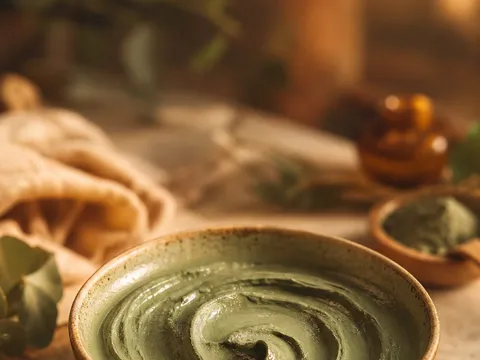 Masque d'argile verte en gros plan dans un bol artisanal