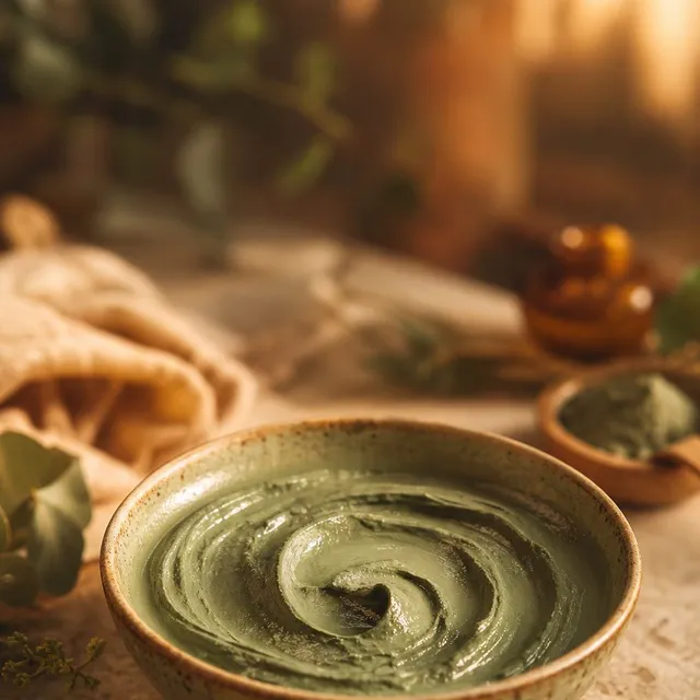Masque d'argile verte en gros plan dans un bol artisanal