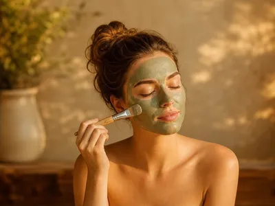 Application d'un masque d'argile verte au pinceau