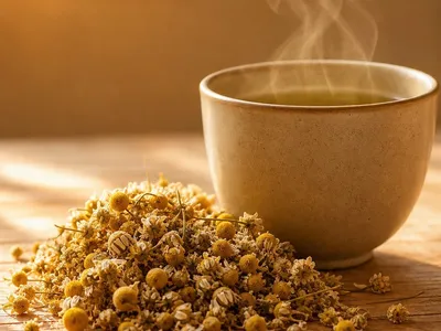 Tas de fleurs de camomille séchées à côté d'une tasse fumante