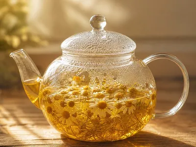Théière en verre avec des fleurs de camomille en train d'infuser