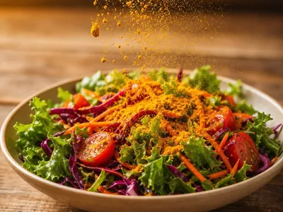 Curcuma en poudre saupoudré sur une salade colorée