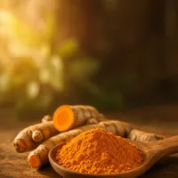 Racine et poudre de curcuma sur une cuillère en bois