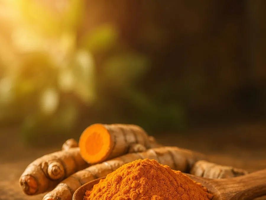 Racine et poudre de curcuma sur une cuillère en bois
