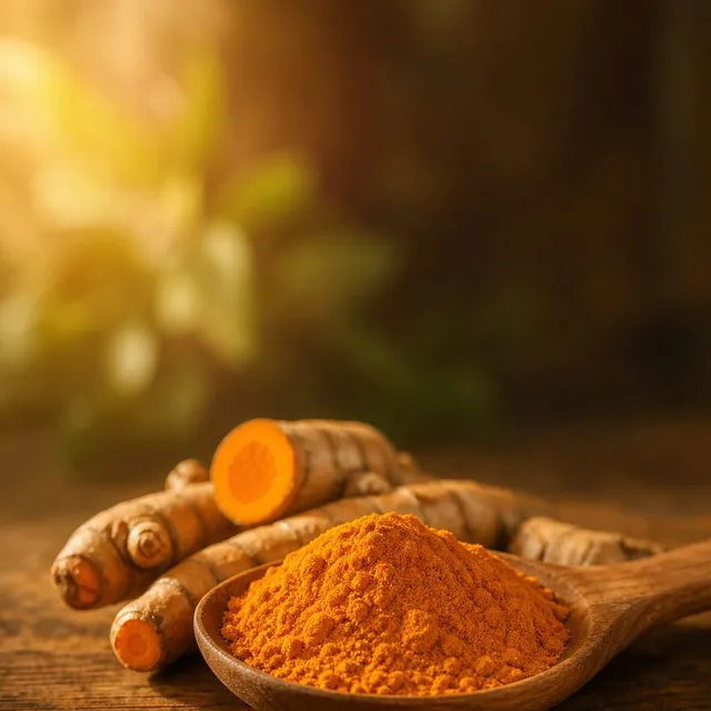 Racine et poudre de curcuma sur une cuillère en bois
