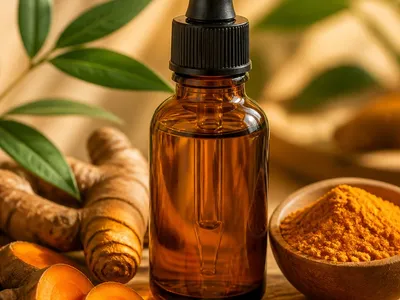Flacon d'huile essentielle de curcuma avec rhizome et poudre