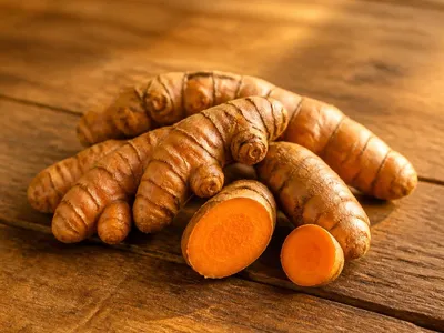 Racines fraîches de curcuma sur une table rustique