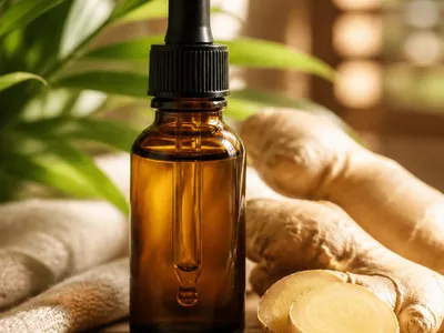 Flacon d'huile essentielle de gingembre avec rhizome frais