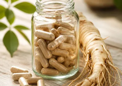Bocal de gélules de ginseng à côté d'une racine fraîche