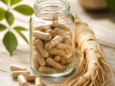 Bocal de gélules de ginseng à côté d'une racine fraîche