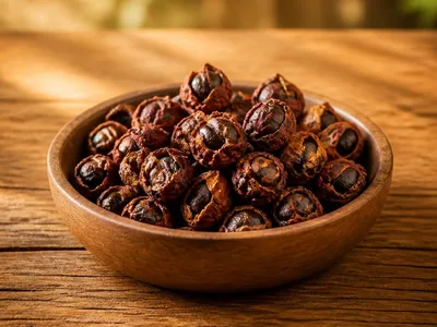 Graines séchées de guarana dans un bol en bois