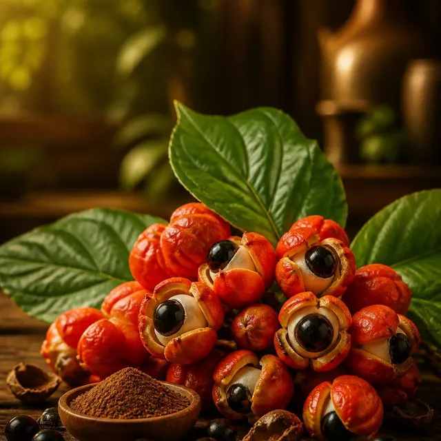 Fruits de guarana ouverts et poudre de guarana dans un bol en bois