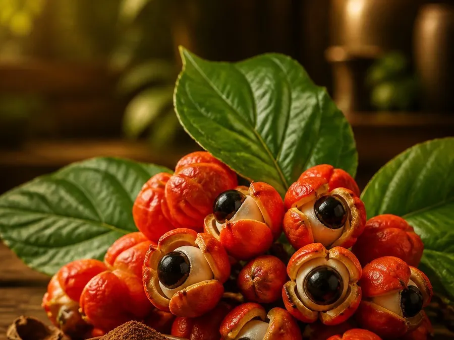 Fruits de guarana ouverts et poudre de guarana dans un bol en bois