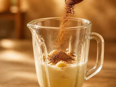Poudre de guarana versée à la cuillère dans un smoothie