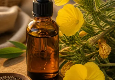 Flacon d'huile végétale d'onagre avec fleurs jaunes