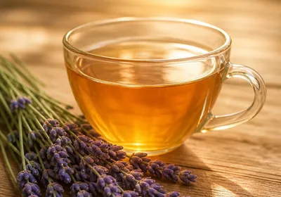 Tasse de tisane de lavande avec des brins de lavande fraîche