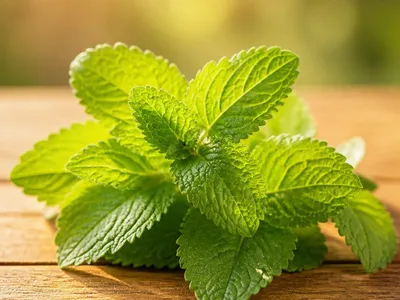 Feuilles de mélisse fraîche éclairées par la lumière naturelle