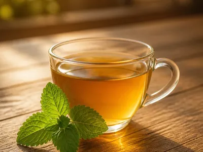 Tisane de mélisse dans une tasse en verre sur une table en bois