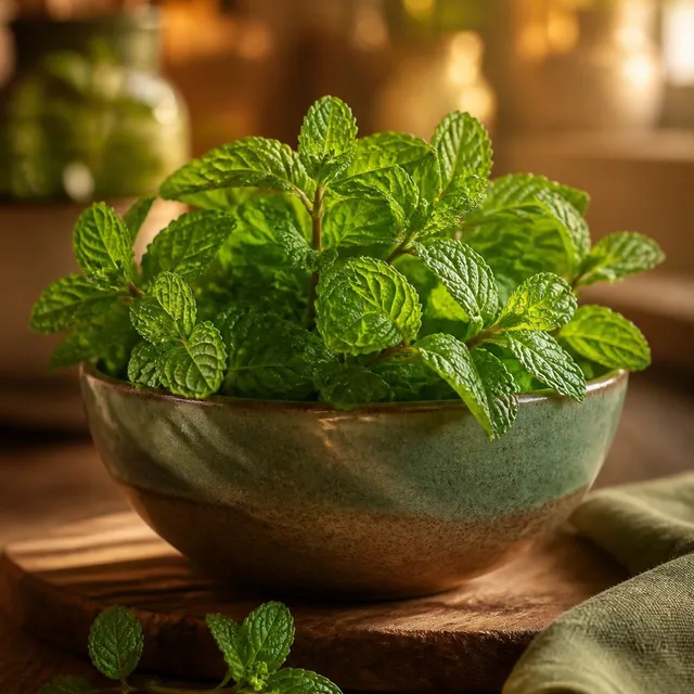 Brins de menthe fraîche dans un bol en cuisine