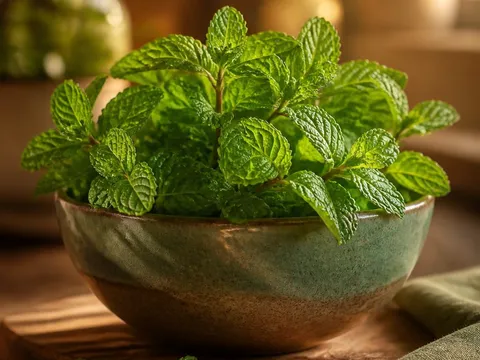Brins de menthe fraîche dans un bol en cuisine