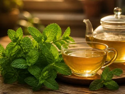 Tisane de menthe apaisante à côté de feuilles fraîches
