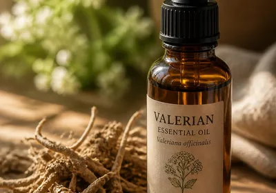 Flacon d'huile essentielle de valériane avec racine séchée