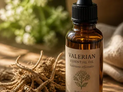 Flacon d'huile essentielle de valériane avec racine séchée