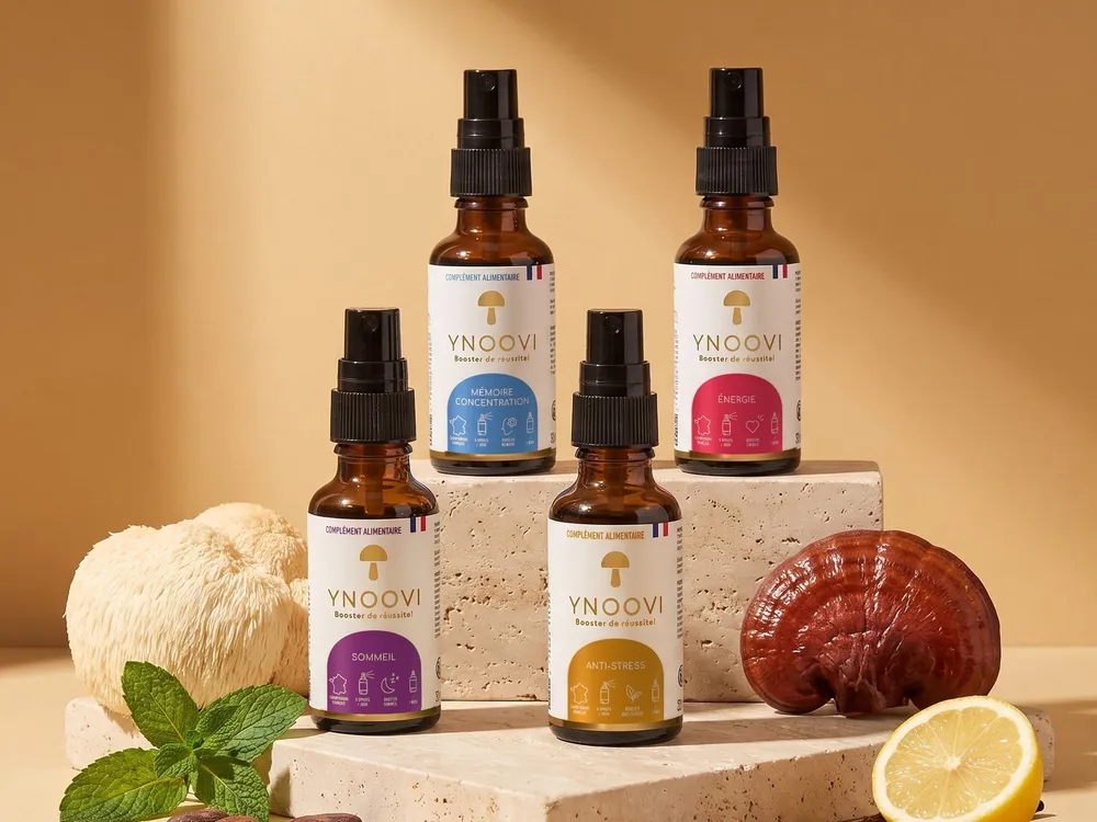 Les quatre sprays YNOOVI posés sur des blocs de pierre, entre un lion's mane, un reishi, de la menthe et un citron